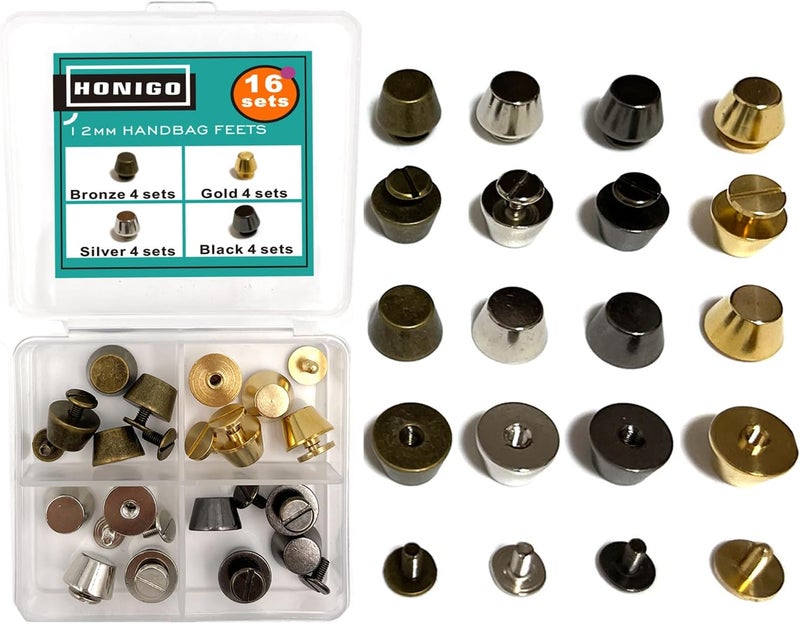 honigo 16 Pack 4 Color Rivets Stud Handbag Purse Feet 1/2 inch Flat Head Metal Solid Brass Studs Screw Back Feet 12mm Buckle Spikes Leathercraft for Leather Bag Totes DIY Craft - Image 1